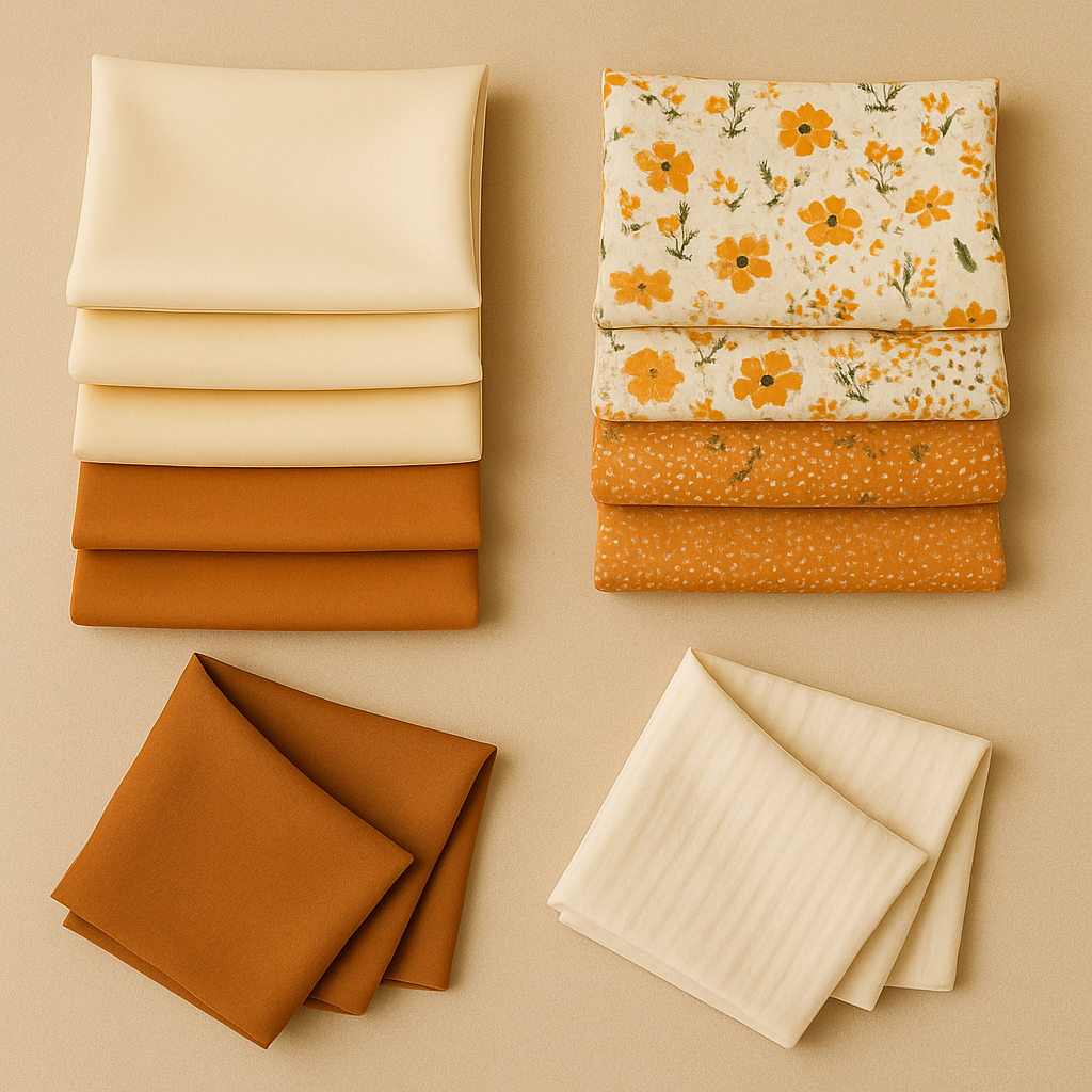 Gefaltete Stoffauswahl in warmen Beige- und Orangetönen, inklusive Unistoffen und floralen Mustern – ideal für Sommerkleidung, Deko oder DIY-Projekte.