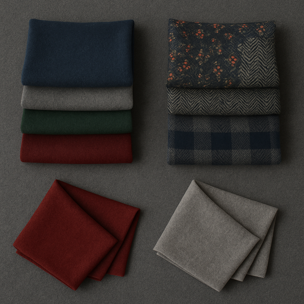 Auswahl an hochwertigen Winterstoffen in gedeckten Farben und klassischen Mustern – ideal für Mäntel, Jacken oder Wohnaccessoires