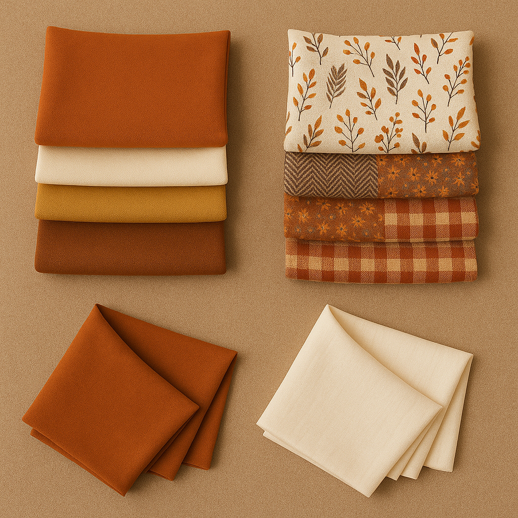 Herbstliche Stoffauswahl in warmen Tönen – Kombination aus unifarbenen Stoffen in Rost, Creme und Senfgelb sowie gemusterten Stoffen mit Blättern, Karos und floralen Motiven – ideal für herbstliche Nähprojekte, Heimtextilien und DIY-Ideen
