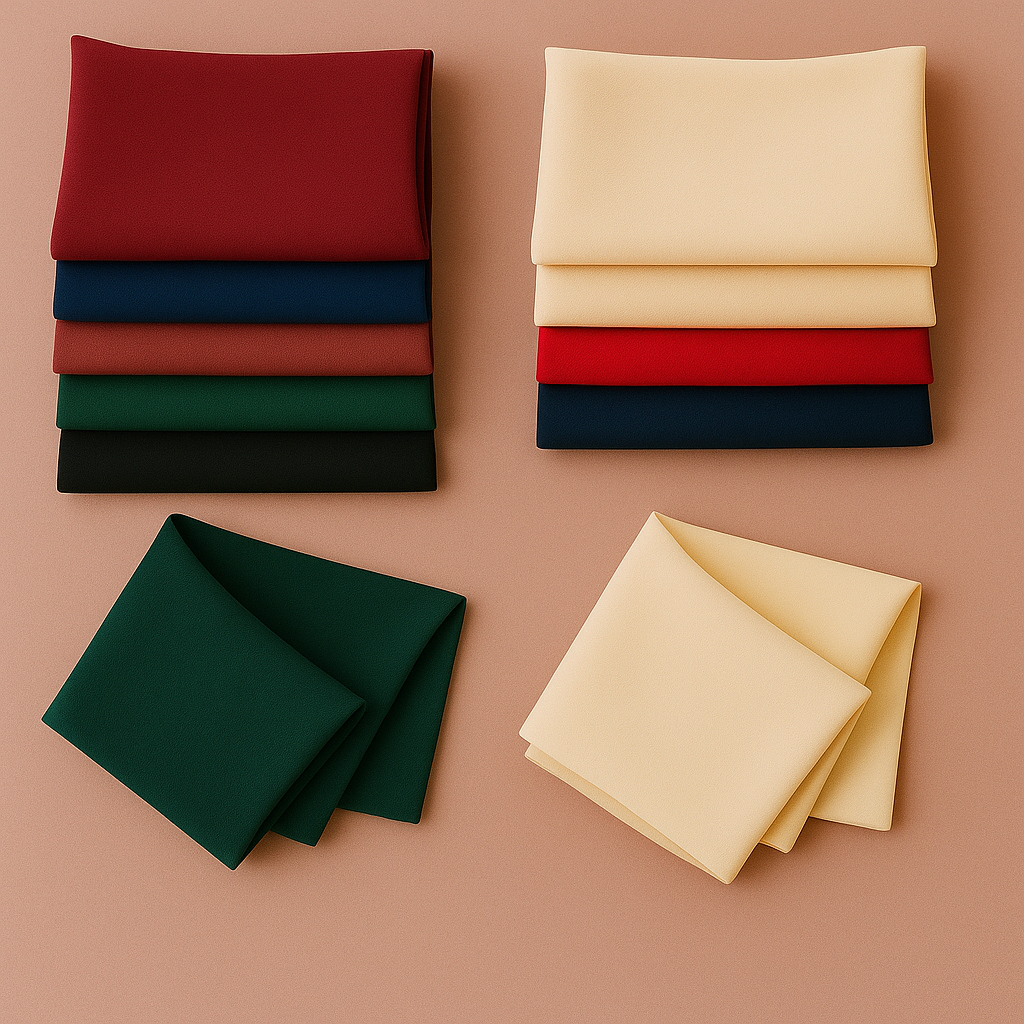 Gefaltete Crepe Stoffe in verschiedenen Farben auf hellem Hintergrund – ideal für elegante Kleidung und Modeprojekte. Krepp Stoff kaufen