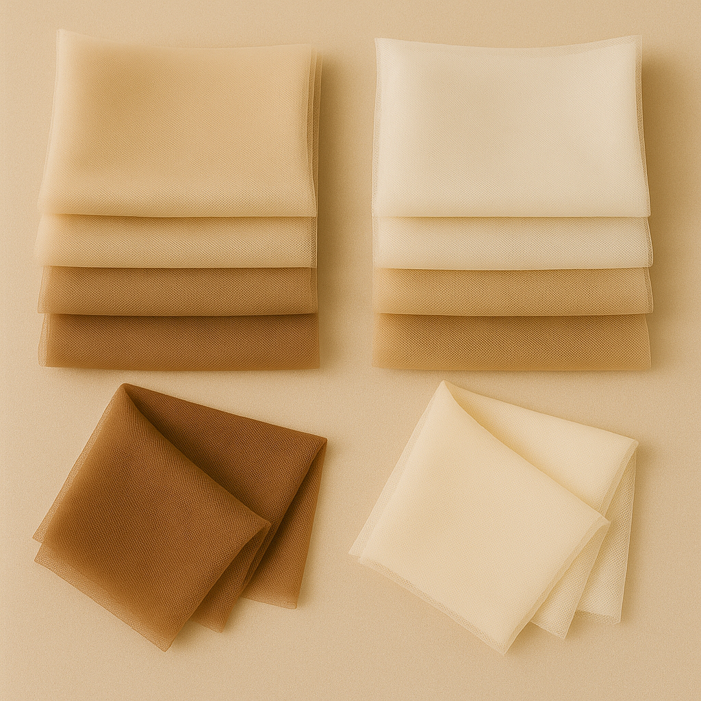Auswahl an Tüllstoffen in verschiedenen Beige- und Brauntönen – feiner Tüll für Kleider, Dekoration und DIY-Projekte