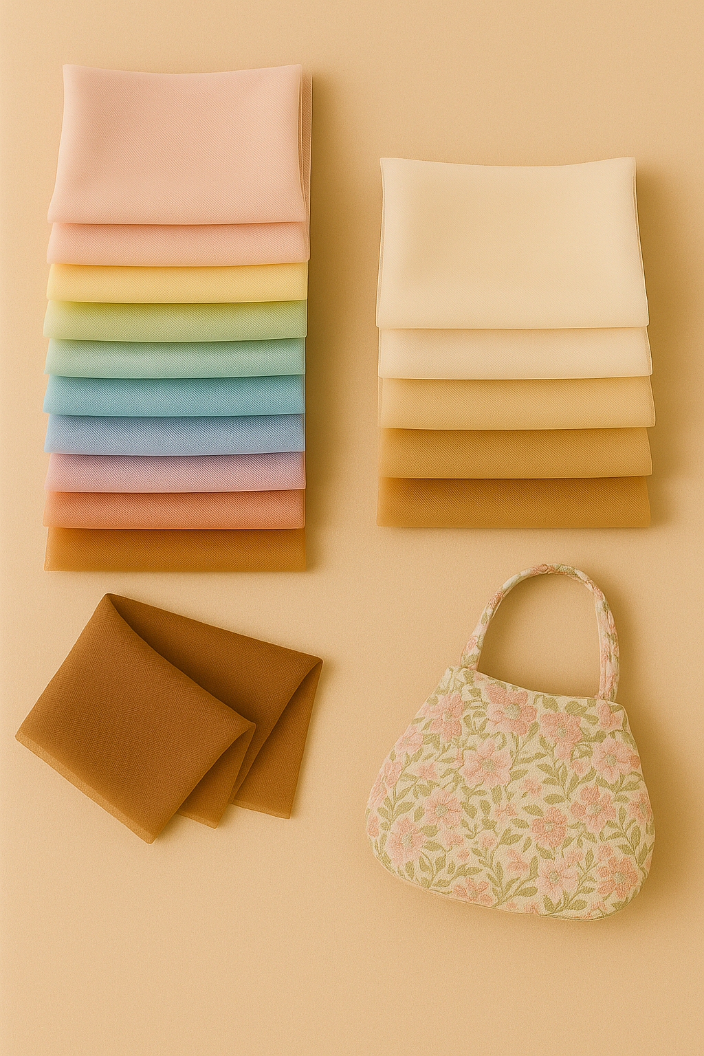 Pastellfarbene Stoffstapel und florale Handtasche auf beigem Hintergrund – ideal für Frühjahrsnähprojekte, Mode und Dekoration