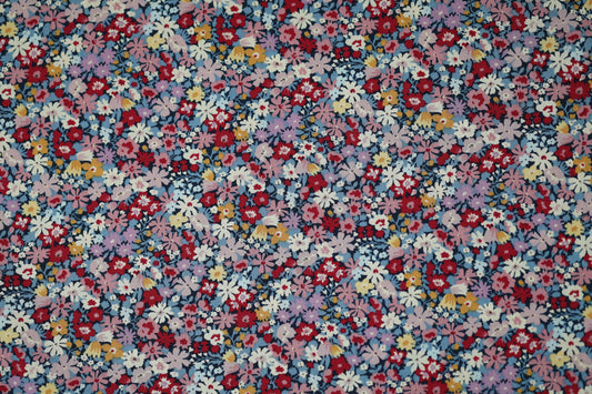 Baumwollstretch – Verspielte Blümchen auf Navy und Rosa – elastischer Baumwollstoff für kreative Projekte