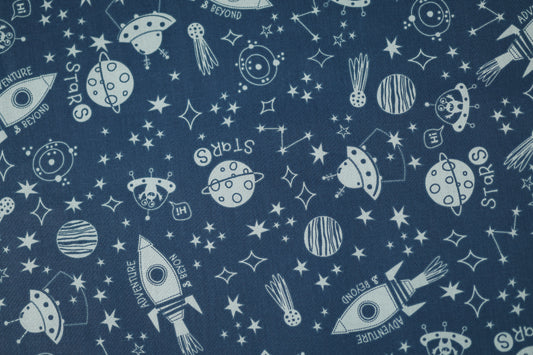 Baumwollstoff Stretch Weltall Abenteuer – Blau – ideal für Kinderkleidung