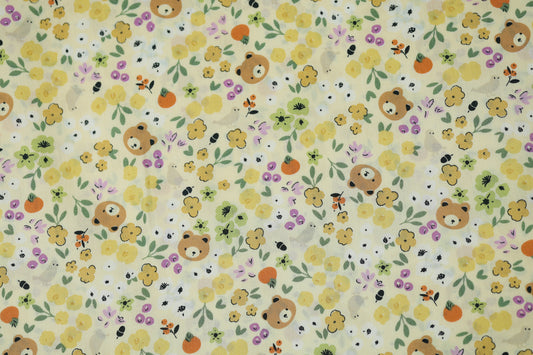 Baumwollstoff Stretch Waldblumen & Bären – Gelb – ideal für Kinderkleidung