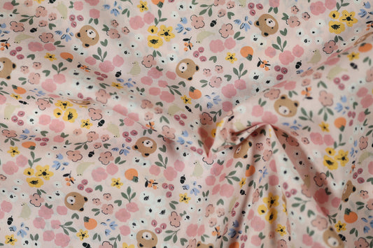 Baumwollstoff Stretch Waldblumen & Bären – Rosa – ideal für Kinderkleidung