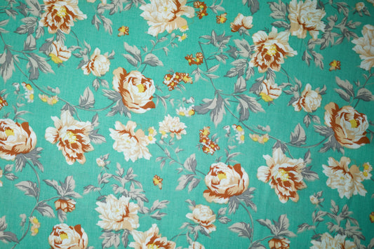 Viskosestoff in Türkis mit Vintage-Blumenmuster