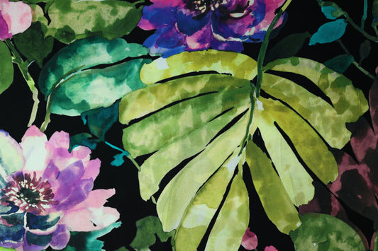 Bunter Viskose: Tropenblätter mit Aquarellblüten – perfekt für Blusen, Röcke und Accessoires