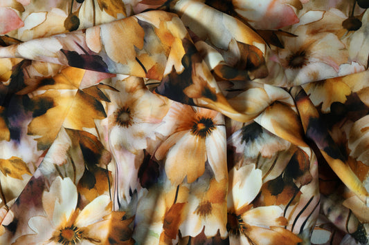 Viskose – Aquarellblumen in Braun-Orange – ideal für Sommerkleidung, Blusen und Accessoires
